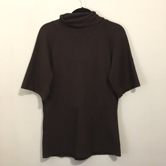 Brown Cowl Neck Ribbed Waist Short Sleeve Sweater - Picture 2 of 16